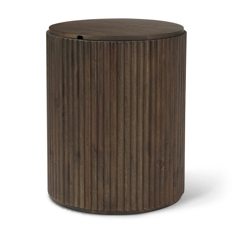 Table d’appoint ronde cannelée en bois massif brun foncé
