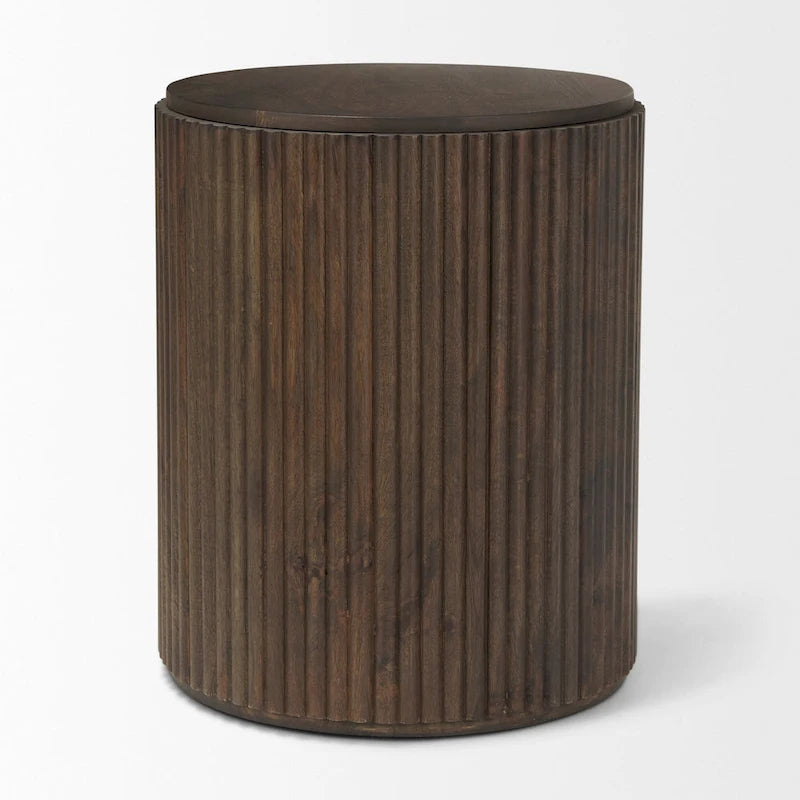 Table d’appoint ronde cannelée en bois massif brun foncé
