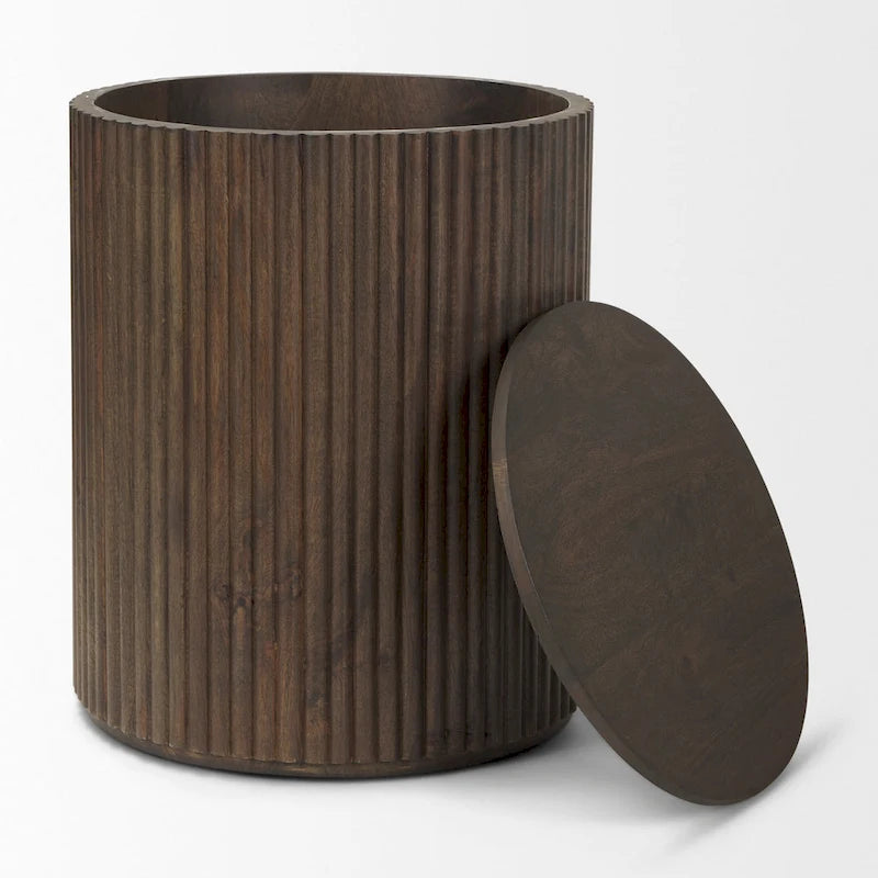 Table d’appoint ronde cannelée en bois massif brun foncé