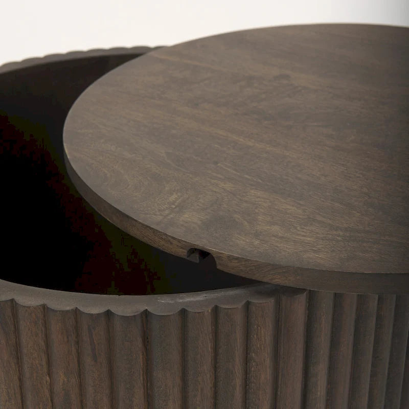 Table d’appoint ronde cannelée en bois massif brun foncé