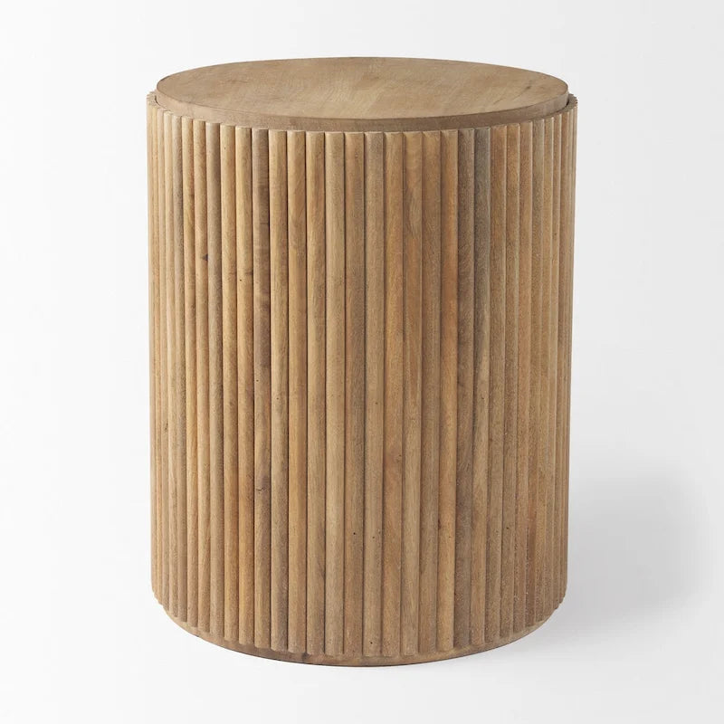 Table d’appoint ronde cannelée en bois massif brun foncé