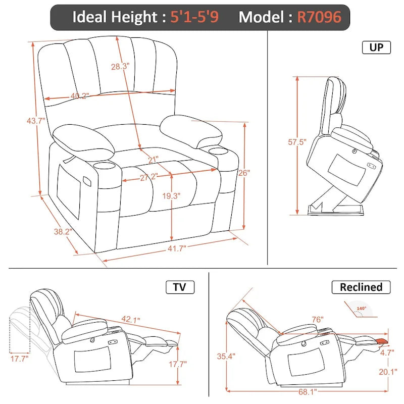 Fauteuil inclinable électrique avec fonction de massage et chauffage, similicuir (largeur moyenne)