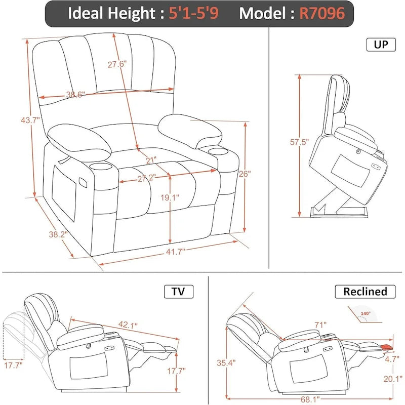 Fauteuil inclinable électrique avec fonction de massage et chauffage, similicuir (largeur moyenne)