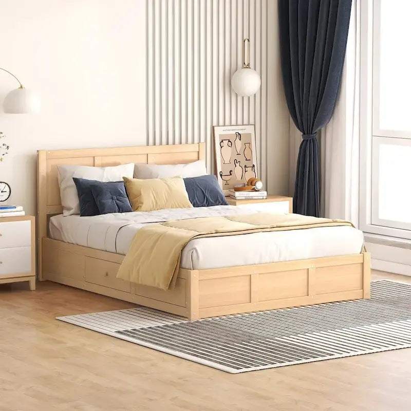 Bettgestell aus Holz mit Stauraum darunter und 2 Schubladen