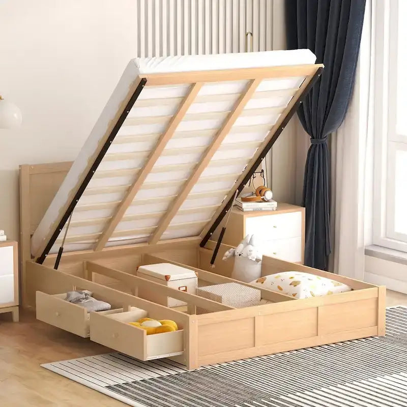 Bettgestell aus Holz mit Stauraum darunter und 2 Schubladen