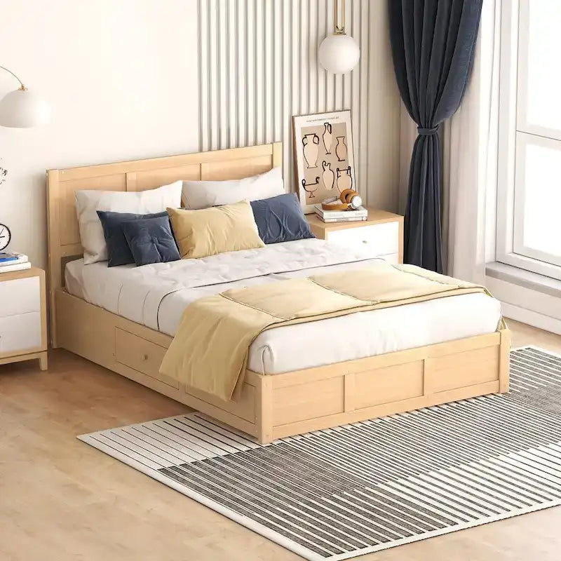 Cadre de lit plateforme en bois avec rangement sous le lit et 2 tiroirs