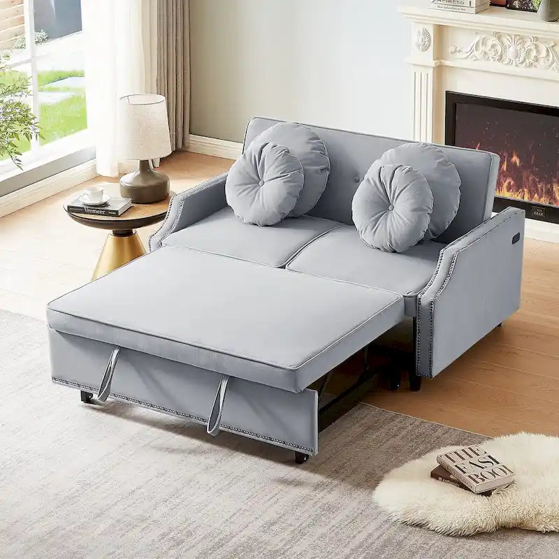Sofá cama de dos plazas con respaldo ajustable con botones capitoné, 2 puertos USB y 4 almohadas