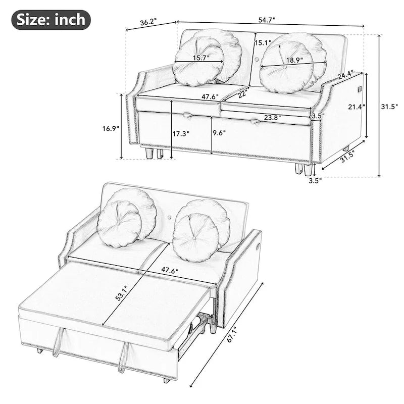 Sofá cama de dos plazas con respaldo ajustable con botones capitoné, 2 puertos USB y 4 almohadas