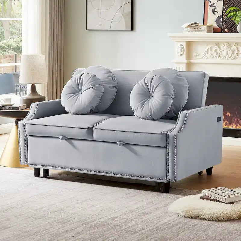Sofá cama de dos plazas con respaldo ajustable con botones capitoné, 2 puertos USB y 4 almohadas