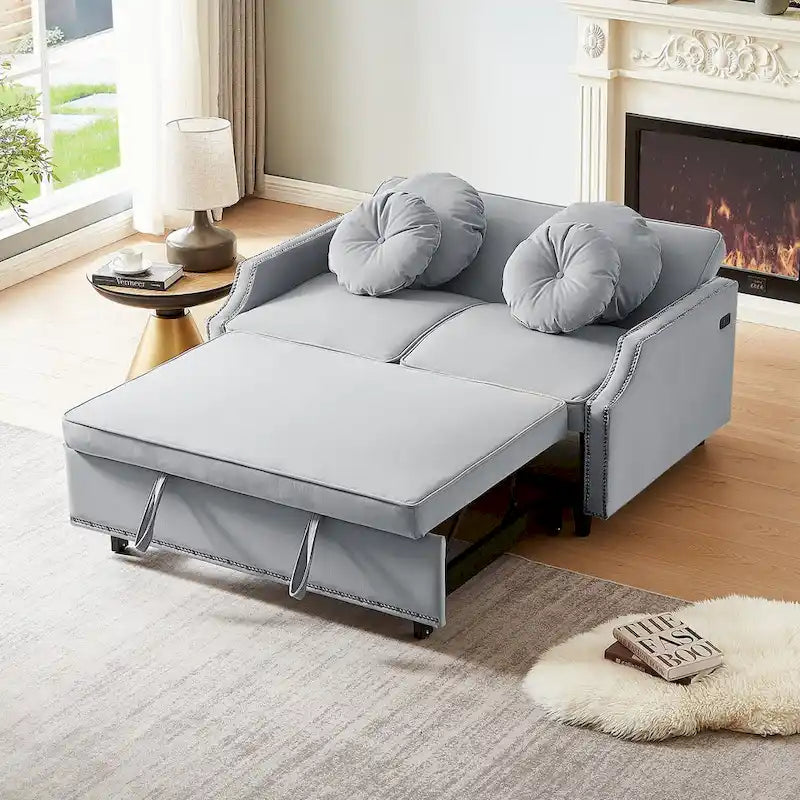 Sofá cama de dos plazas con respaldo ajustable con botones capitoné, 2 puertos USB y 4 almohadas