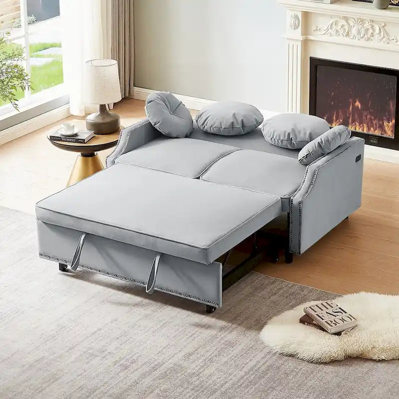 Sofá cama de dos plazas con respaldo ajustable con botones capitoné, 2 puertos USB y 4 almohadas