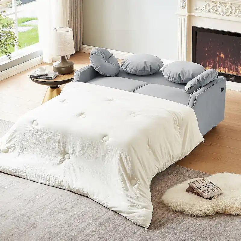 Sofá cama de dos plazas con respaldo ajustable con botones capitoné, 2 puertos USB y 4 almohadas