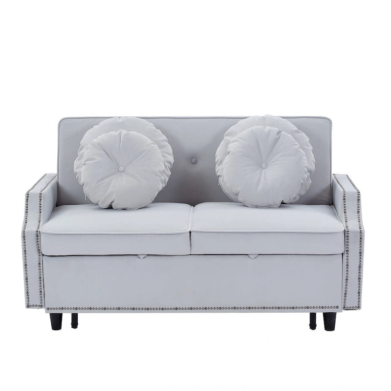 Sofá cama de dos plazas con respaldo ajustable con botones capitoné, 2 puertos USB y 4 almohadas