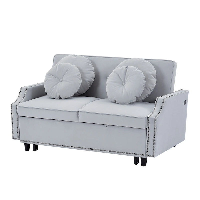 Sofá cama de dos plazas con respaldo ajustable con botones capitoné, 2 puertos USB y 4 almohadas