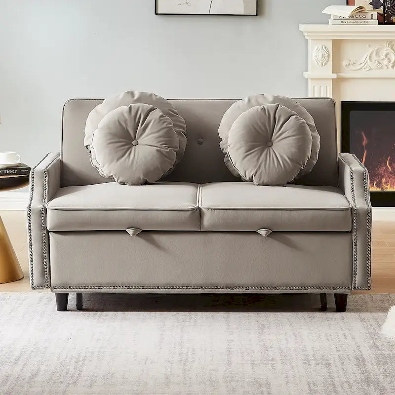 Sofá cama de dos plazas con respaldo ajustable con botones capitoné, 2 puertos USB y 4 almohadas