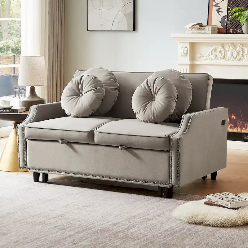 Sofá cama de dos plazas con respaldo ajustable con botones capitoné, 2 puertos USB y 4 almohadas