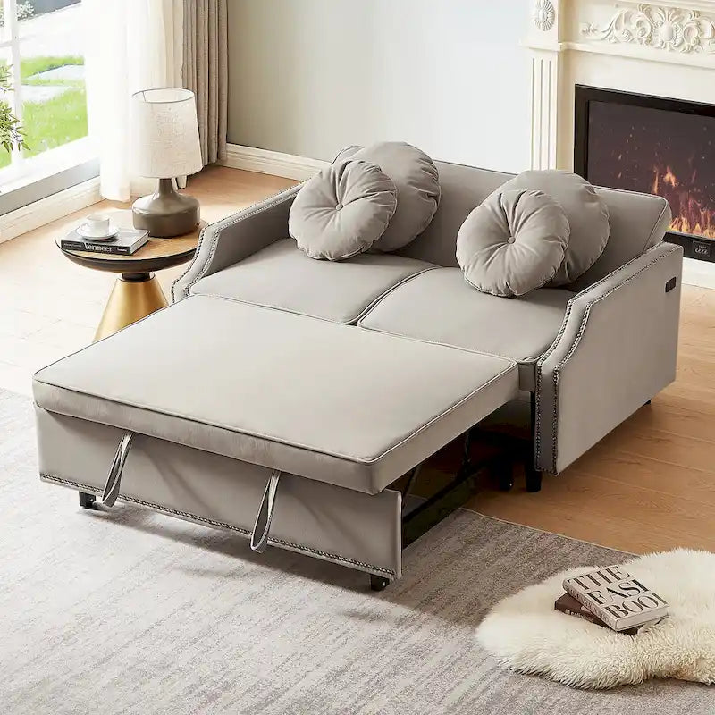 Sofá cama de dos plazas con respaldo ajustable con botones capitoné, 2 puertos USB y 4 almohadas