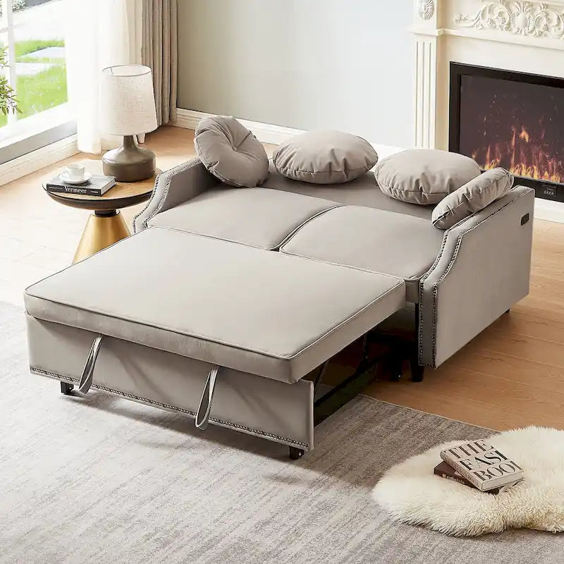Sofá cama de dos plazas con respaldo ajustable con botones capitoné, 2 puertos USB y 4 almohadas