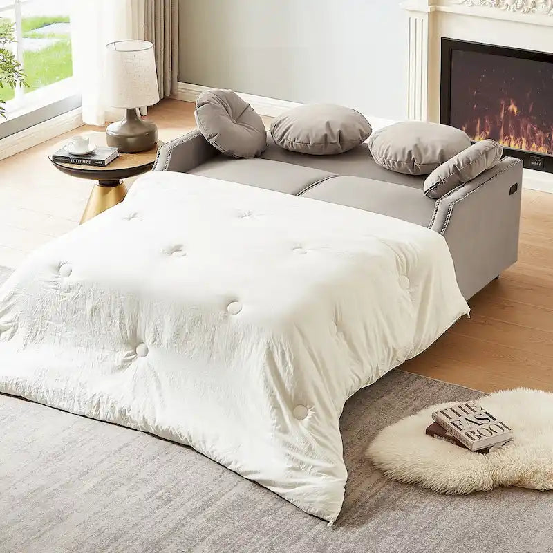 Sofá cama de dos plazas con respaldo ajustable con botones capitoné, 2 puertos USB y 4 almohadas