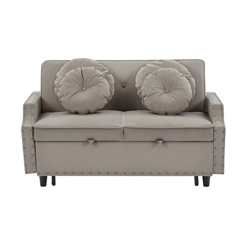 Sofá cama de dos plazas con respaldo ajustable con botones capitoné, 2 puertos USB y 4 almohadas
