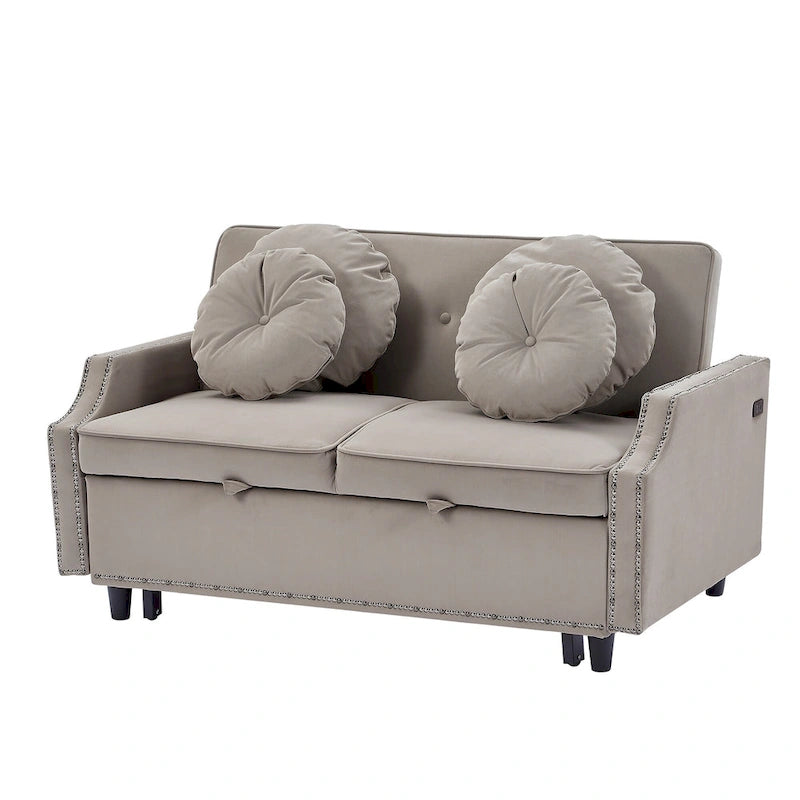 Sofá cama de dos plazas con respaldo ajustable con botones capitoné, 2 puertos USB y 4 almohadas