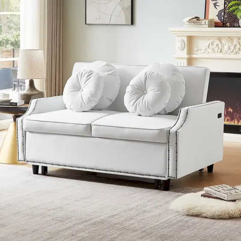 Sofá cama de dos plazas con respaldo ajustable con botones capitoné, 2 puertos USB y 4 almohadas