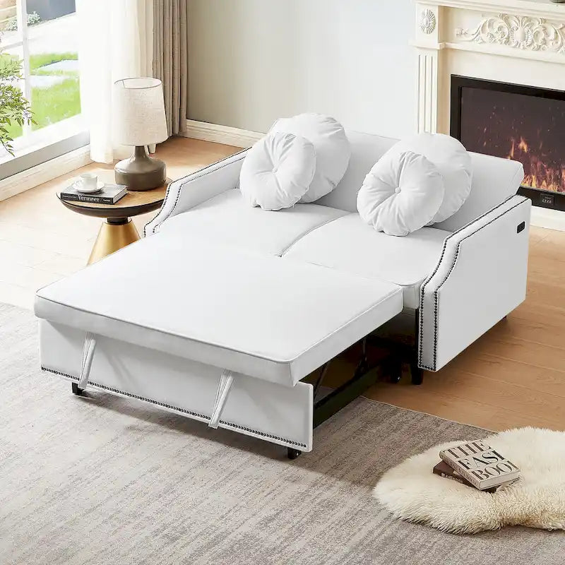 Sofá cama de dos plazas con respaldo ajustable con botones capitoné, 2 puertos USB y 4 almohadas