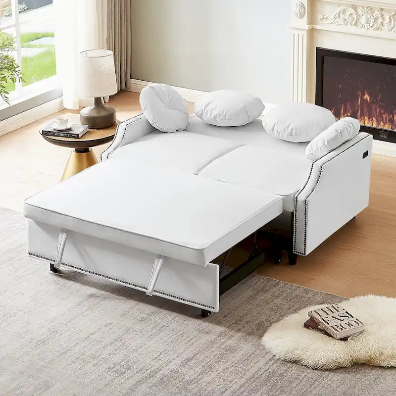 Sofá cama de dos plazas con respaldo ajustable con botones capitoné, 2 puertos USB y 4 almohadas