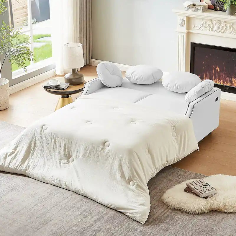 Sofá cama de dos plazas con respaldo ajustable con botones capitoné, 2 puertos USB y 4 almohadas