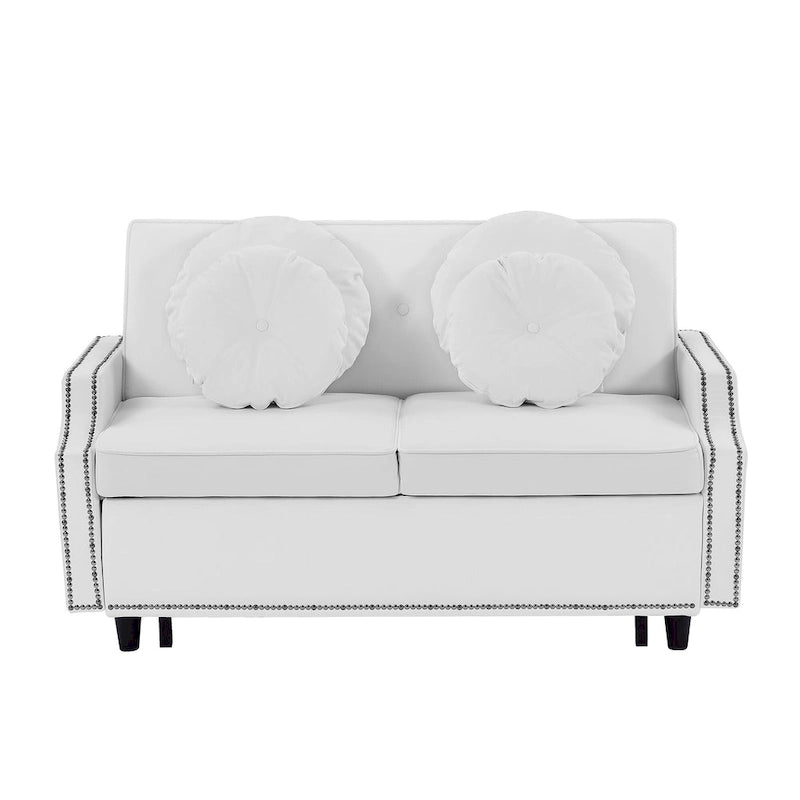 Sofá cama de dos plazas con respaldo ajustable con botones capitoné, 2 puertos USB y 4 almohadas