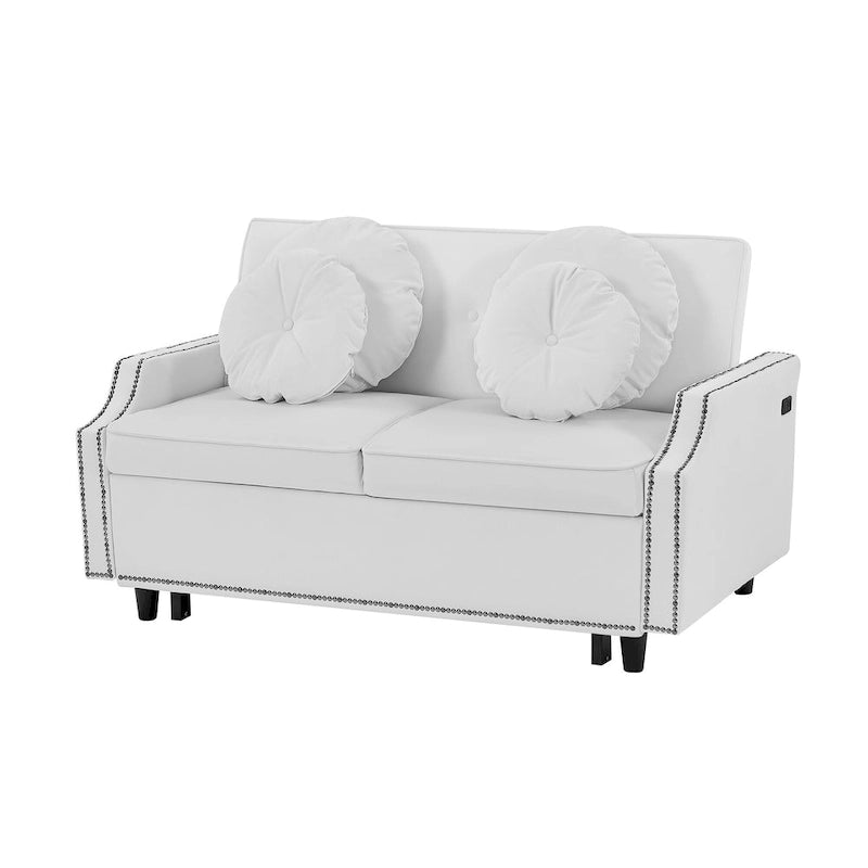 Sofá cama de dos plazas con respaldo ajustable con botones capitoné, 2 puertos USB y 4 almohadas