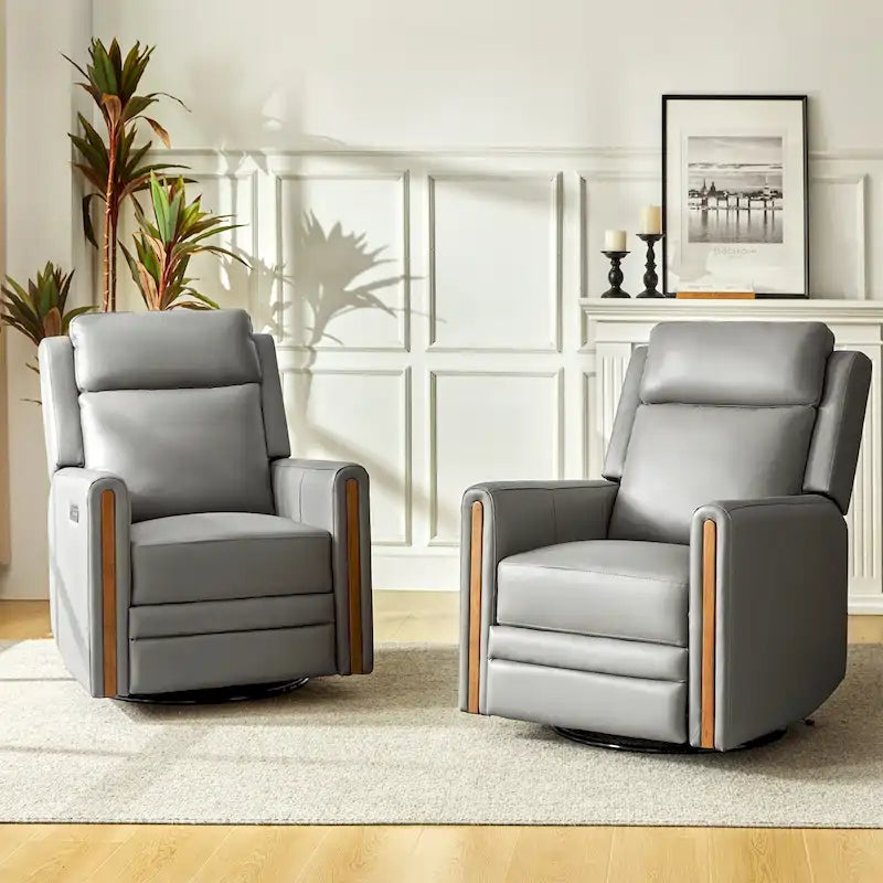 Fauteuil inclinable électrique pivotant et à bascule moderne en cuir véritable (avec appuie-tête et repose-pieds réglables, lot de 2 pièces)