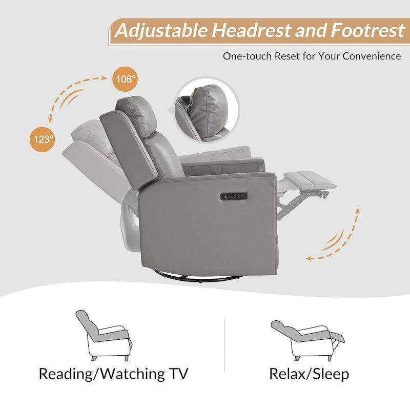 Fauteuil inclinable électrique pivotant et à bascule moderne en cuir véritable (avec appuie-tête et repose-pieds réglables, lot de 2 pièces)
