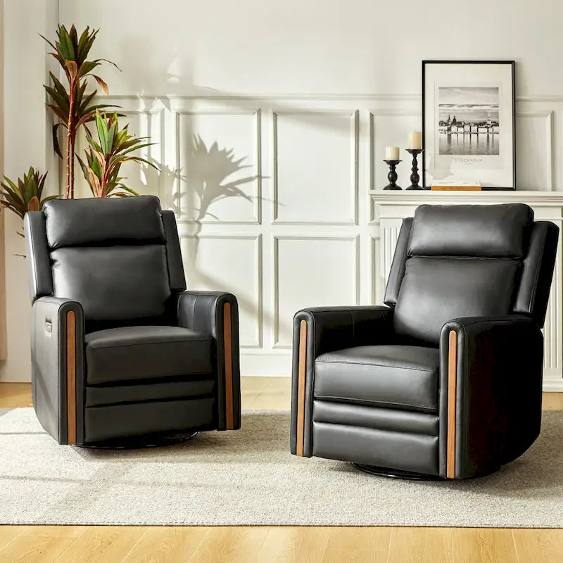 Fauteuil inclinable électrique pivotant et à bascule moderne en cuir véritable (avec appuie-tête et repose-pieds réglables, lot de 2 pièces)