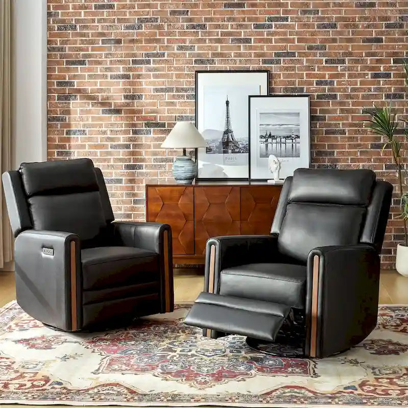 Fauteuil inclinable électrique pivotant et à bascule moderne en cuir véritable (avec appuie-tête et repose-pieds réglables, lot de 2 pièces)