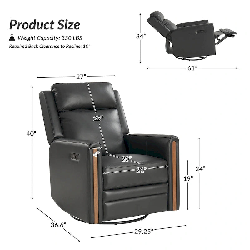 Fauteuil inclinable électrique pivotant et à bascule moderne en cuir véritable (avec appuie-tête et repose-pieds réglables, lot de 2 pièces)