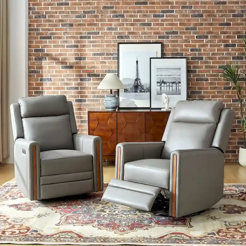 Fauteuil inclinable électrique pivotant et à bascule moderne en cuir véritable (avec appuie-tête et repose-pieds réglables, lot de 2 pièces)