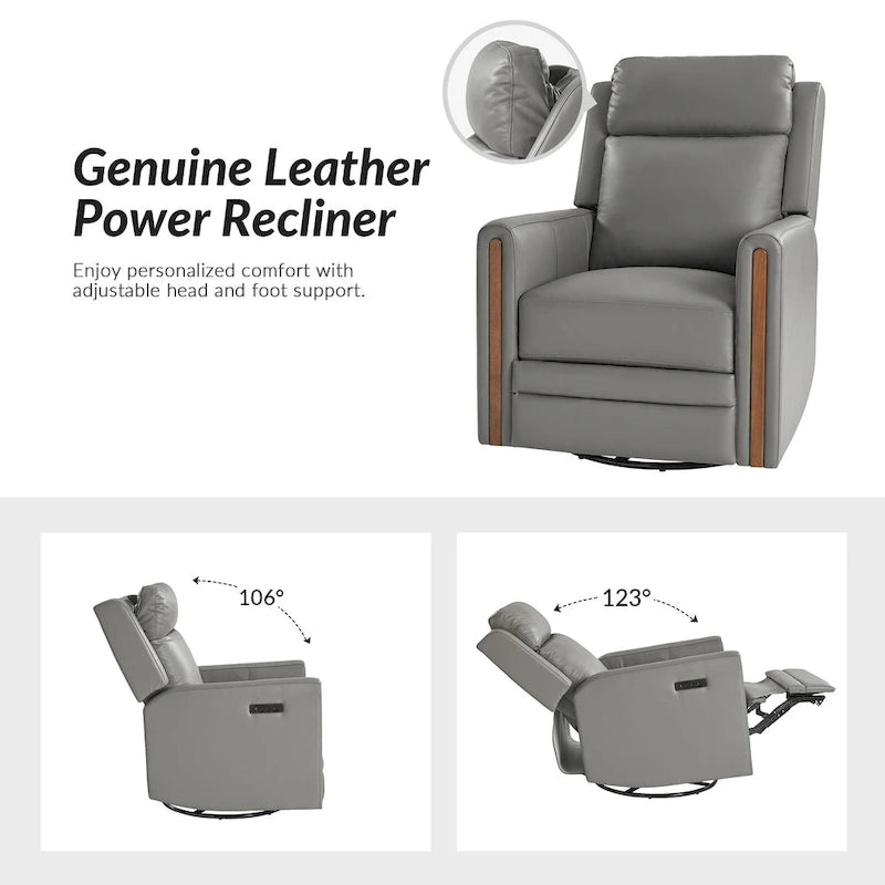 Fauteuil inclinable électrique pivotant et à bascule moderne en cuir véritable (avec appuie-tête et repose-pieds réglables, lot de 2 pièces)
