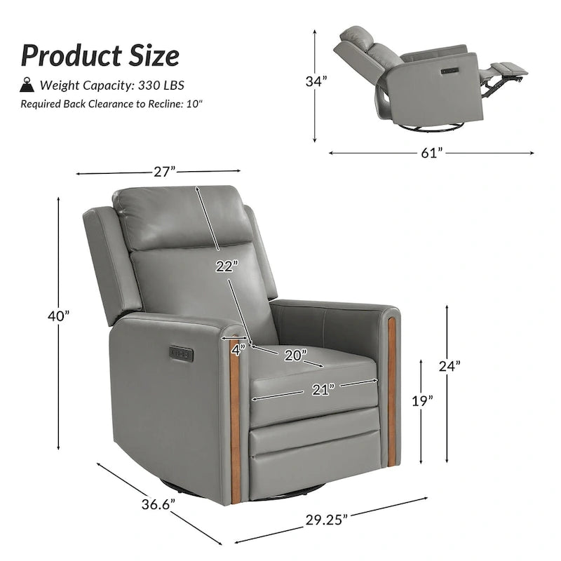 Fauteuil inclinable électrique pivotant et à bascule moderne en cuir véritable (avec appuie-tête et repose-pieds réglables, lot de 2 pièces)