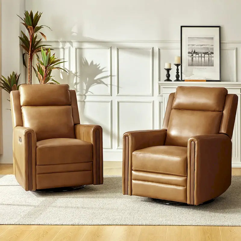 Fauteuil inclinable électrique pivotant et à bascule moderne en cuir véritable (avec appuie-tête et repose-pieds réglables, lot de 2 pièces)