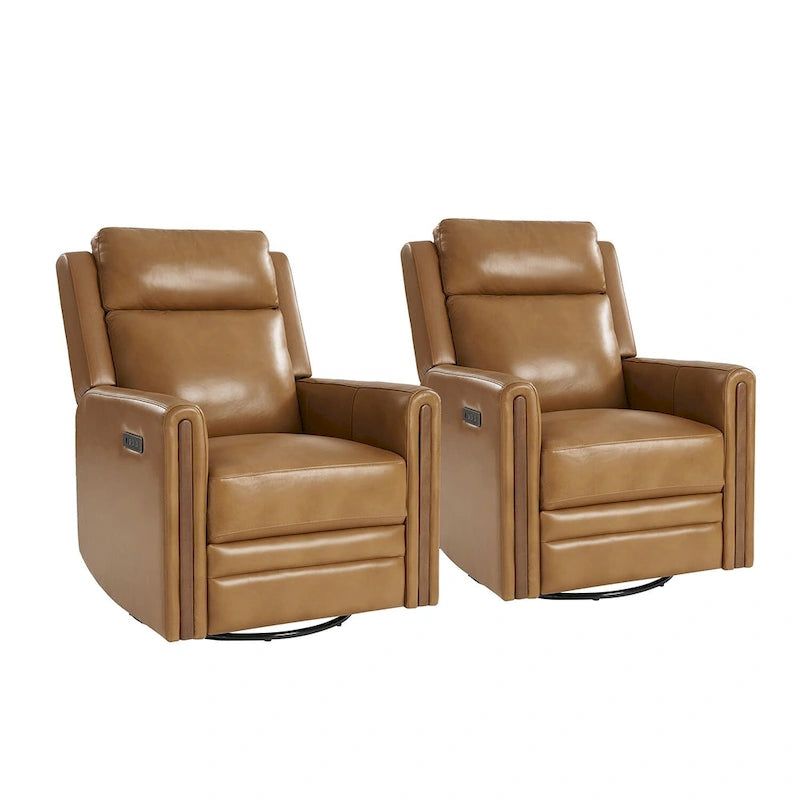 Fauteuil inclinable électrique pivotant et à bascule moderne en cuir véritable (avec appuie-tête et repose-pieds réglables, lot de 2 pièces)