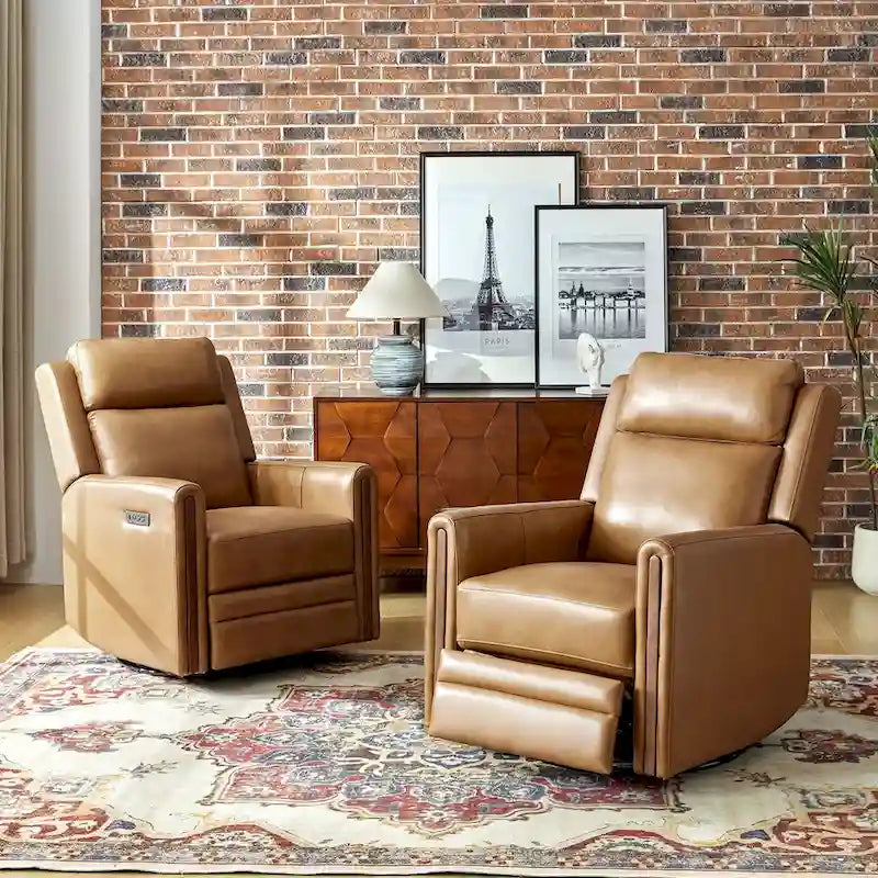 Fauteuil inclinable électrique pivotant et à bascule moderne en cuir véritable (avec appuie-tête et repose-pieds réglables, lot de 2 pièces)