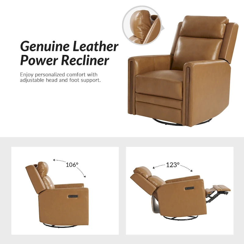 Fauteuil inclinable électrique pivotant et à bascule moderne en cuir véritable (avec appuie-tête et repose-pieds réglables, lot de 2 pièces)