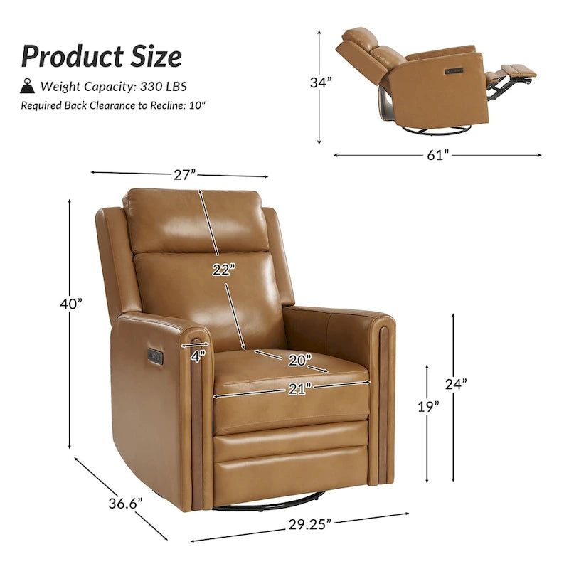 Fauteuil inclinable électrique pivotant et à bascule moderne en cuir véritable (avec appuie-tête et repose-pieds réglables, lot de 2 pièces)