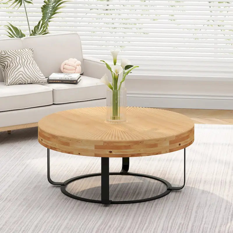 Mesa de centro redonda moderna de madera con diseño tallado y patas de metal, para sala de estar, recepción u oficina, negra