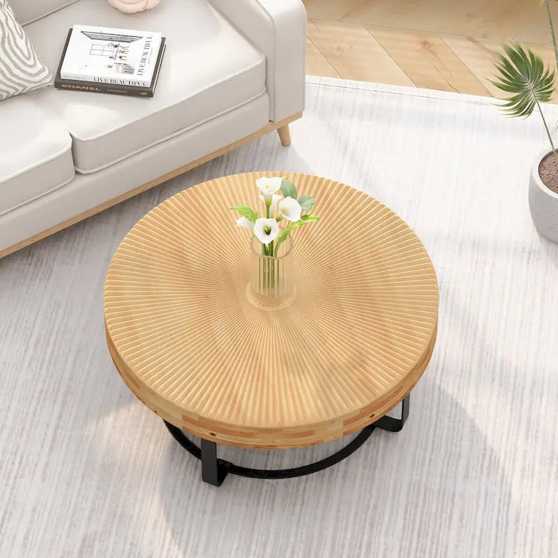 Mesa de centro redonda moderna de madera con diseño tallado y patas de metal, para sala de estar, recepción u oficina, negra