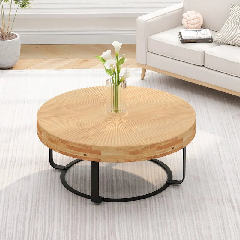 Moderner runder Couchtisch mit Holzschnitzmuster und Metallbeinen für Wohnzimmer, Empfangsbereich oder Büro, Schwarz