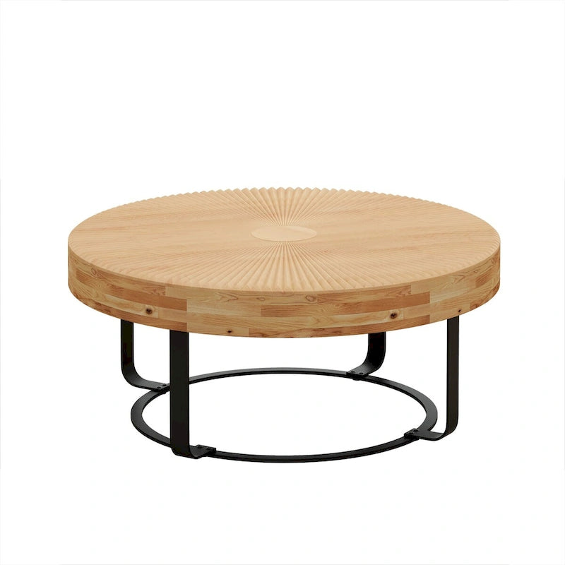 Mesa de centro redonda moderna de madera con diseño tallado y patas de metal, para sala de estar, recepción u oficina, negra