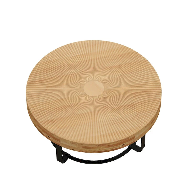 Mesa de centro redonda moderna de madera con diseño tallado y patas de metal, para sala de estar, recepción u oficina, negra