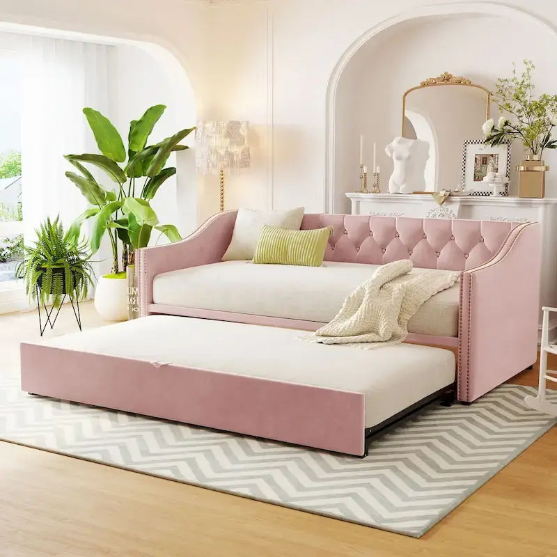 Diván tapizado tamaño twin con cama nido desplegable